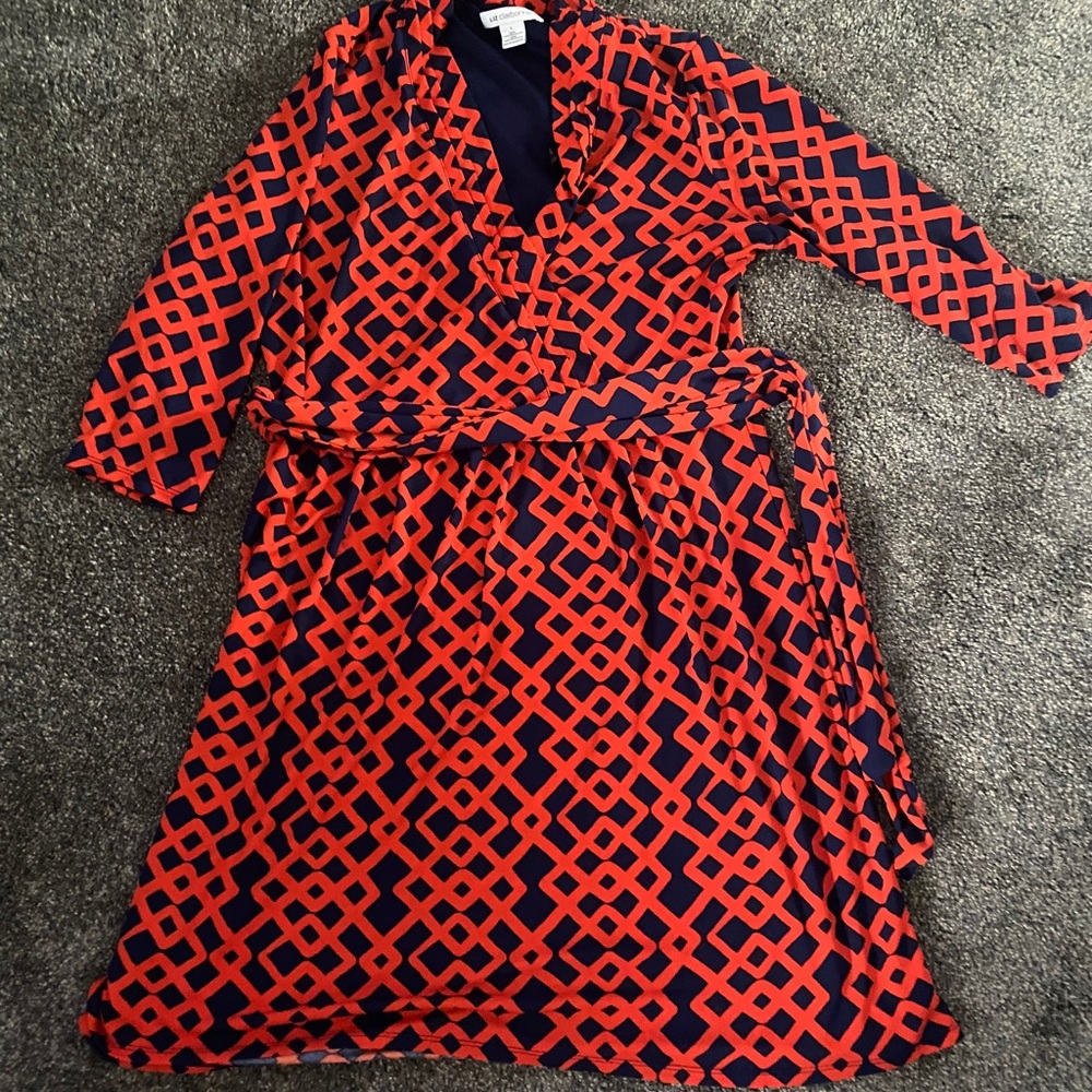 LIZ CALIBOURNE RED/Navy fake Wrap Dress EUC